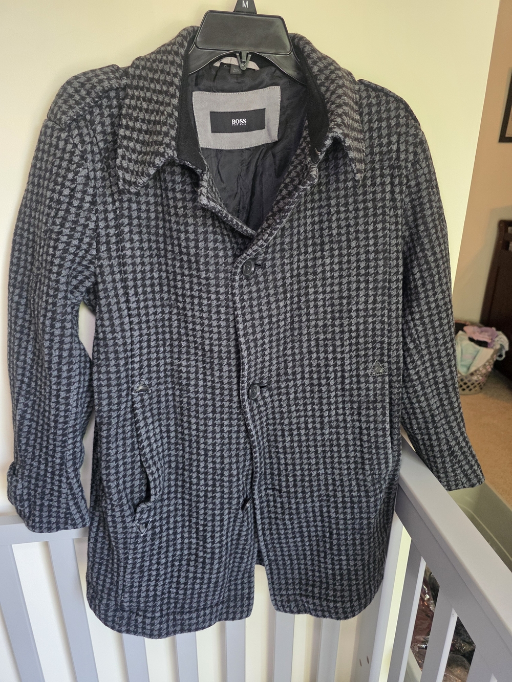 BOSS Men's Gray Houndstooth Wool Cotton Blend Coat Size 36R -READ DESCRIPTION